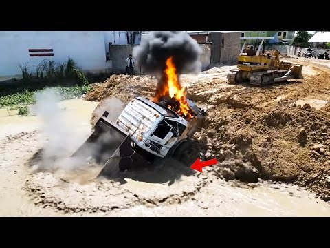 OMG!! Amazingly Truck Unloading Gone Wrong Cause Ground Collapse Recovery By Bulldozer