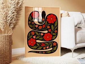 Folk Art Floral Snake Print – Boho Botanical Serpent Poster, Red Flower Snake Illustration - Etsy