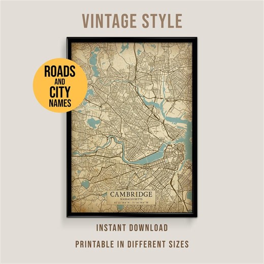 Cambridge Massachusetts Vintage Style Map, Printable Cambridge City Poster (instant Download) - Etsy