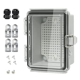 LeMotech Electrical Box, IP67 Waterproof Hinged Clear Cover Stainless Steel Latch Junction Box, ABS Plastic Electrical Enclosure with Mounting Plate,Wall Brackets, Cable Glands,4.7"x3.5"x2.7",Grey