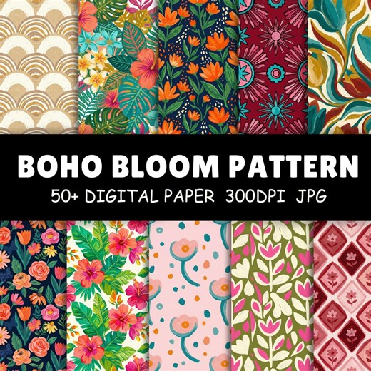 50  Boho Pattern Bundle, Retro Floral & Folk Botanical Digital Paper Pack, Vintage Bohemian Backgrounds, Commercial Us - Etsy
