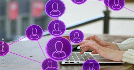 Woman typing on laptop at table, generating purple nodes growing, obscuring keyboard for networking