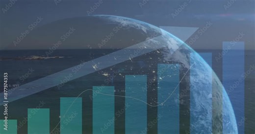 Animation of upward arrow and graphs processing data over globe and sea