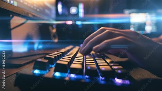 Focused person typing on glowing keyboard with blue cinematic anamorphic streaks