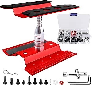 Aluminum Alloy RC Car Repair Work Stand Hobby Tool Set 360 Degree Rotation Lift/Lower and RC Screws Kit Repair Tool Box for 1/8 1/10 1/12 1/16 1/18 RC Car Truck Buggy Models (Red)