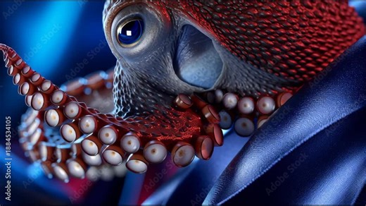 A close up of an octopus with its eyes open. The blue and red colors of the octopus and the background create a sense of depth and movement. The image conveys a feeling of curiosity and wonder