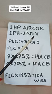1 hp aircon circuit breaker size . Ang 10A na wire po jan ay base sa computation lamang at hindi ang actual na gagamitin kasi need natin na e tugma ang ampacity ng wire sa cb na gagamitin so f gagamit tayo ng 15A na cb - use 2.0mm² thhn wire. Or f 20A na cb- use 3.5mm² thhn wire #electrician #Relay #control #power # #technician # #switch #wiring #engineering #diy #electrical | Electricians Guide