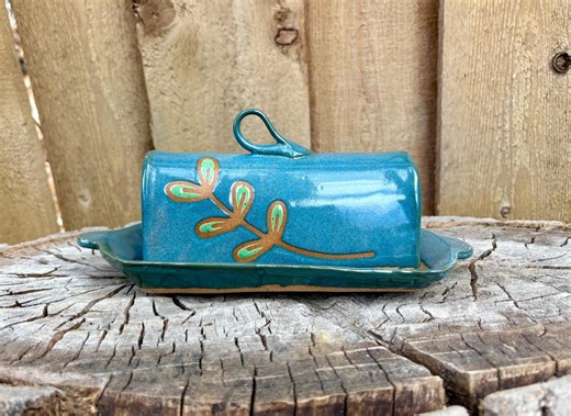 Unique Handmade Turquoise Plant Butter Dish | Artistic Ceramic Pottery for Your Kitchen - Etsy
