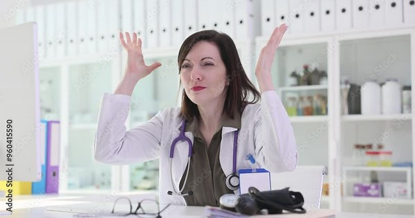 Woman doctor raises hands screaming at workplace in hospital slow motion. Shocked female medic with stethoscope expresses astonishment with news
