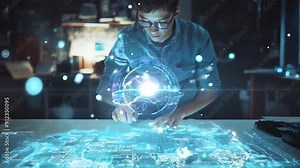 A modern architect works with a holographic interface, designing cutting-edge structures and analyzing blueprints. vidio 4k