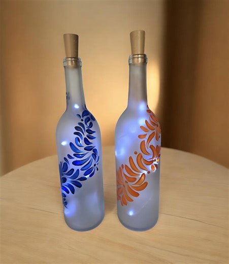 Hand Painted Frosted Wine Bottle With Fairy Lights Included . Talavera Design. 2 Colors Available. - Etsy