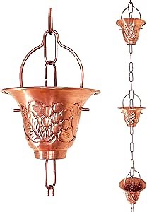 8.5 ft Grape Leaf Vineyard Cups Pure Copper, to Replace Roof Gutter Downspout, with Installation Kit, Rainwater Catcher/Water Diverter, JAS8005C