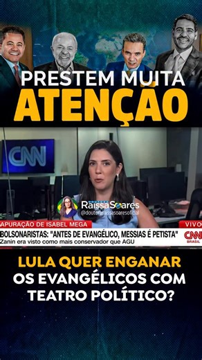 Dra. Raissa Soares on Instagram: "Lula e seus aliados tentam se aproximar dos evangélicos, mas será que é por fé ou por conveniência política? Agora, com Jorge Messias na pauta do STF, voltam os discursos ensaiados, as fotos com pastores e os “acenos” de quem acha que pode enganar o povo de Deus. Mas nós sabemos discernir: fé não é ferramenta de poder, é compromisso com a verdade."