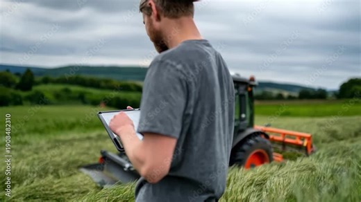 Engineer updates software on an automated grass cutter using a tablet optimizing mowing patterns and system efficiency.