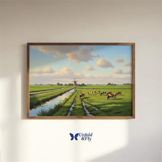 Dutch Polder Landscape With Windmill & Cows, Summer Sky | Oil Painting Art Print (digital Download) - Etsy
