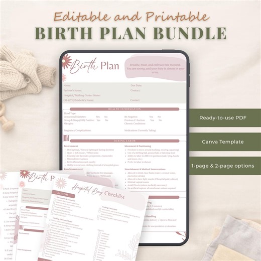 Editable Birth Plan Template, Printable Birthing Plan, Labor and Delivery Preferences, Canva Template, Instant Download - Etsy