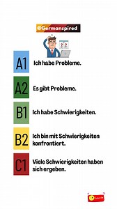 A1 Ich habe Probleme. → I have problems. A2 Es gibt Probleme. → There are problems. B1 Ich habe Schwierigkeiten. → I have difficulties. B2 Ich bin mit Schwierigkeiten konfrontiert. → I am confronted with difficulties. (also natural: I am facing difficulties.) C1 Viele Schwierigkeiten haben sich ergeben. → Many difficulties have arisen. #deutschlernen #learngerman #learngermanonline #deutschkurs #germanlanguage #german #deutsch #germanlearning #studygerman #germancourse | Germanspired