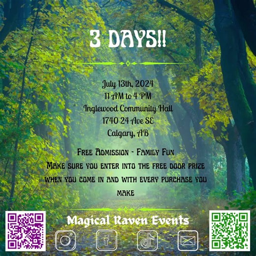 3 More days!!! prepare to be dazzled by the wondrous Magical Raven Events. Step into a realm of enchantment, mingle with mystical maestros, and discover treasures galore! @astralkodesign Facebook: CC's Elegant Sparkles @gemini_Creations_123 @mels_marvellousmakes @divineintuitivecreations Come out, Enter the free door prize with every entry into the hall and every purchase as well!! Feast your eyes on: Numerology, Tarot Readings, Psychic Mediums, Sublimation Prints, Jewelry, and otherworldly surp