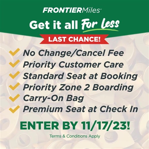 ⏰ Time is running out! We're about to close the gates on the chance to win Elite Gold Status, including FREE carry-on bags, no change/cancel fees*, premium seats, and more for 2024! Hurry and enter now for this golden opportunity. https://loom.ly/_msoqMk *Terms and conditions apply. | Frontier Airlines