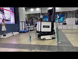 「国際物流総合展2023」で行われた、三菱重工業と三菱ロジスネクストが共同開発中のコンセプトAGF「DECCO」によるデモンストレーション