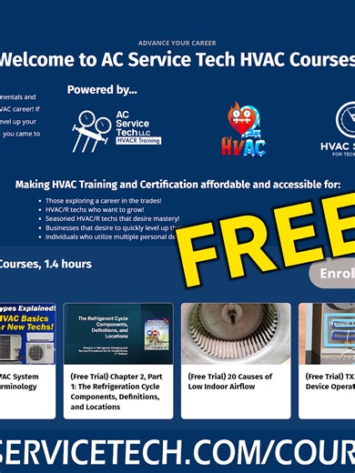 Enroll in our FREE HVAC/R training courses on our platform at https://www.acservicetech.com/hvaccourses to grow and earn certificates of training! Learn more about heating, ventilation, air conditioning & refrigeration here! . . . #courses #free #freetraining #hvac #hvacr #hvactech #technician #hvacservice #hvacrepair #acservice #acservicetech