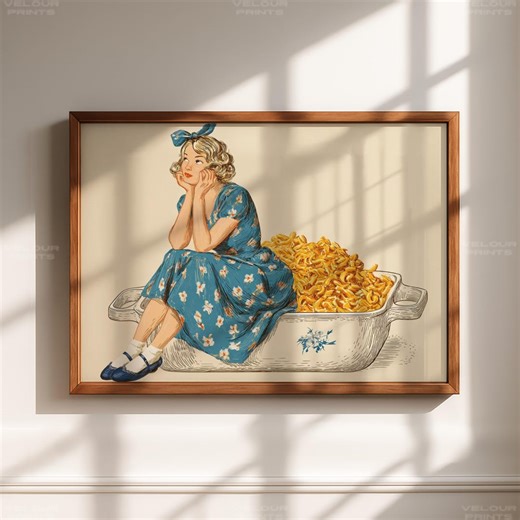 Minimal Buttered Pasta Drawing, Vintage Corningware Style Kitchen Art Print, Cozy Retro Food Illustration, Whimsical Wall Decor - Etsy