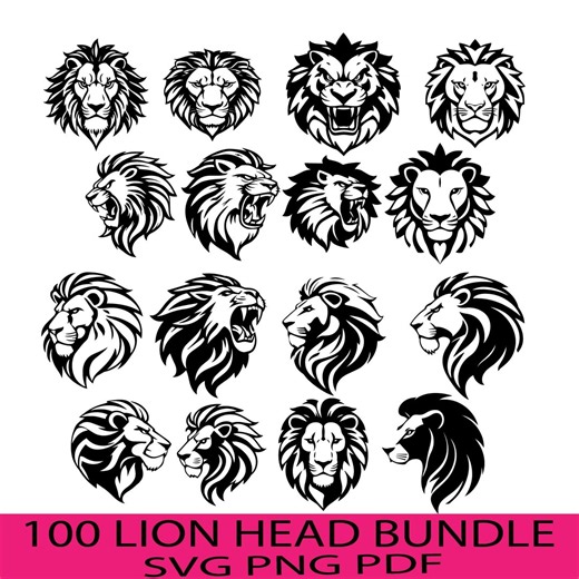 100 Lion Head SVG Bundle | Roaring Lion SVG PNG | Lion Face Clipart Vector | Lion Silhouette Cut Files for Cricut | Digital Download - Etsy