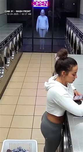 Late nights at the laundromat hit different... Did you notice it before she did? #horrortok #creepy #cctvhorror #uncannyvalley #laundromat #reflection #followformore