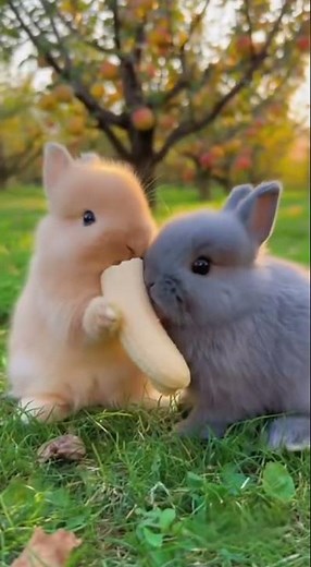 Two cute little bunnies are eating bananas