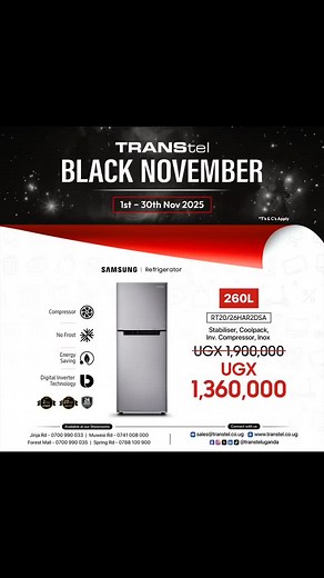 Transtel BLACK NOVEMBER is here! . Keep it cool with Samsung's Double Door TMF Refrigerators — now available at unbeatable discounts! Enjoy advanced cooling, energy efficiency, and elegant design built to last. . From the compact 260L model to the spacious 530L, there’s a perfect fit for every home — all powered by Digital Inverter Technology for long-lasting performance. . Offer valid from 1st – 30th November 2025 at all Transtel showrooms. . *#Transtel #BlackNovember #SamsungRefrigerator #Digi