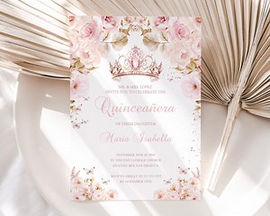 Floral Pink Quinceanera Invitation, Tiara Sweet 16th Birthday, Mis Quince Invite, Mis Xv Anos Invitation, Quince Party, Girl 15th Birthday - Etsy