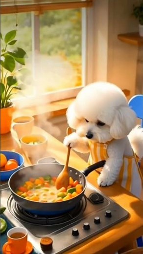 Cute dog cooking lunch 😋