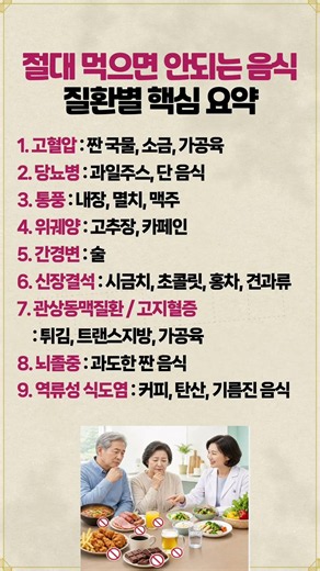 절대 먹으면 안되는 음식 질환별 핵심 요약 #건강정보 #노후준비