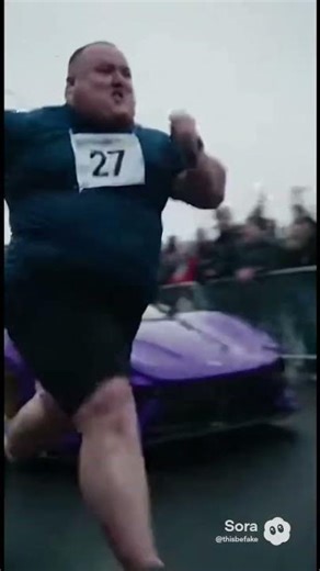 Obese man racing a McLaren