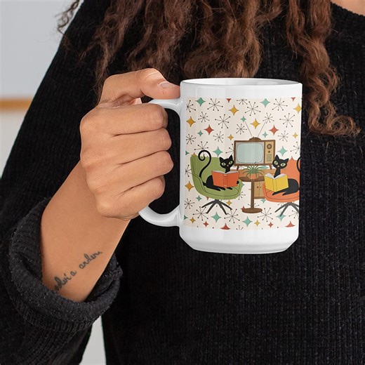 Atomic Cat Coffee Mug Retro Mid Century Modern Cat Lover Gift Black Cats Reading Books Cute Vintage Cat Cup for Coffee Bar or Office Desk - Etsy