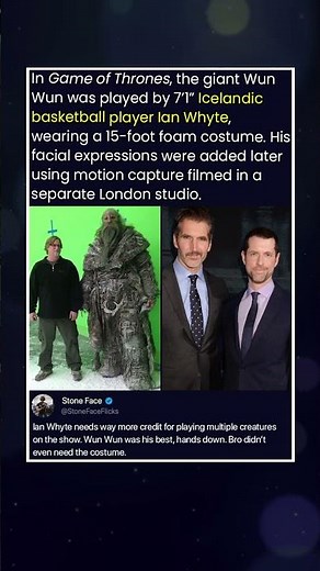 In Game of Thrones, the giant Wun Wun was played by 7’1” Icelandic basketball player Ian Whyte