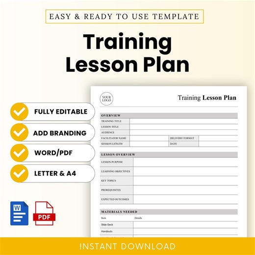 Training Lesson Plan Template – Word & PDF, A4 + US Letter - Etsy