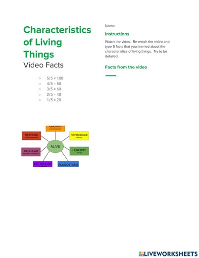 Characteristics of Living Things Video Facts worksheet