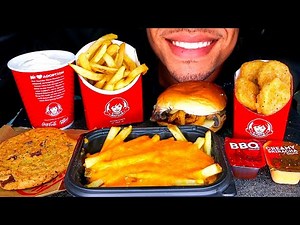 ASMR WENDY'S EATING SHOW MUKBANG CHEESEBURGER CHICKEN NUGGETS CHEESE FRIES FROSTY ICE CREAM COOKIE