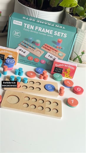 Forkids@6 (Games/Toys/bottles/bags) ™️ on Instagram: "Ten frame set At₹499 Components: The set typically includes wooden ten frames, number discs, math symbols, and operation cards to teach counting, addition, and subtraction. Educational Focus: It helps children visualize numbers, understand quantities, learn to count within 1-20, identify odd and even numbers, and compare sizes. Material and Safety: Made from durable wood, it features polished round edges and is non-toxic, but contains small p