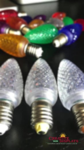 Creative Displays on Instagram: "💡 𝗖𝟳 𝘃𝘀. 𝗖𝟵 𝗯𝘂𝗹𝗯𝘀, 𝘄𝗵𝗮𝘁’𝘀 𝘁𝗵𝗲 𝗱𝗶𝗳𝗳𝗲𝗿𝗲𝗻𝗰𝗲? Our latest video breaks it down so you can choose the right size, brightness, and look for your next commercial display. ✨ Whether you want cozy charm or bold brilliance, we’ll help you find the perfect fit! #CommercialChristmasLights #CommercialHolidayLighting #CommercialOutdoorDecor #LightingInspiration #LightingProfessionals #BetterProductsBetterPrices"