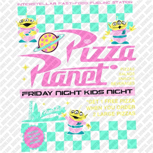 Toy Story Pizza Planet Alien Remix Illustration, Retro Pink and Teal Checker Interstellar Fast Food Kids Night Celebration Graphic - Etsy