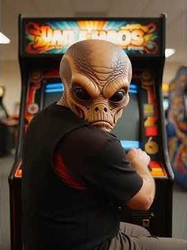 alien plays arcade machine