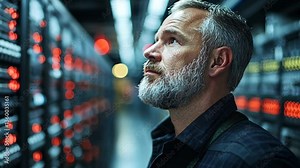 Man in Data Center Monitoring Servers with Red LED Indicators