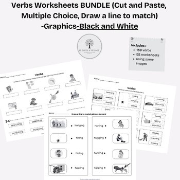 Verbs Worksheets BUNDLE (multiple choice, draw a line, cut and paste)(ABLLS-R)