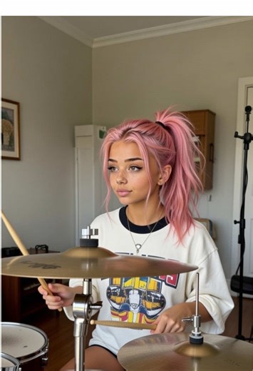 Drummer Girl Rocks the Beat with Pink Hair