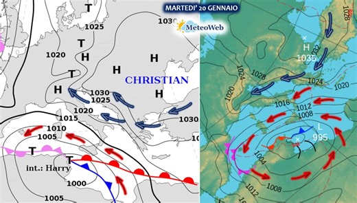 Allerta Meteo, FOCUS con tutti i dettagli sul Mega-Ciclone Harry. Gradiente barico mai visto, ecco perchè sarà distruttivo. MAPPE catastrofiche per domani