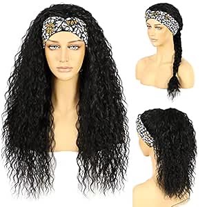 #1B Headband Wigs For Black Women Long Black Water Wave Natural Hairline Full Machine Made None Lace Front 130% Density 26inches Hair Synthetic Curly Daily Glueless Wigs