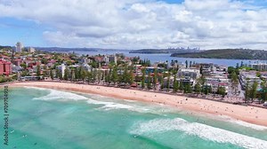 Sydney, Australia: Aerial view of iconic Manly Beach, famous surf beach in capital city of Australian state of New South Wales and most populous city in Australia