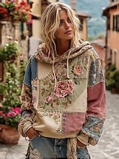 Women's 3D Print Vintage Boho Hoodie Patchwork Hoodie Sweatshirt Floral Pullover Sweatshirt Oversized Warm Active Hooded Street Dailywear Patchwork Black White Yellow Dark Pink Spring Fall Winter 2025